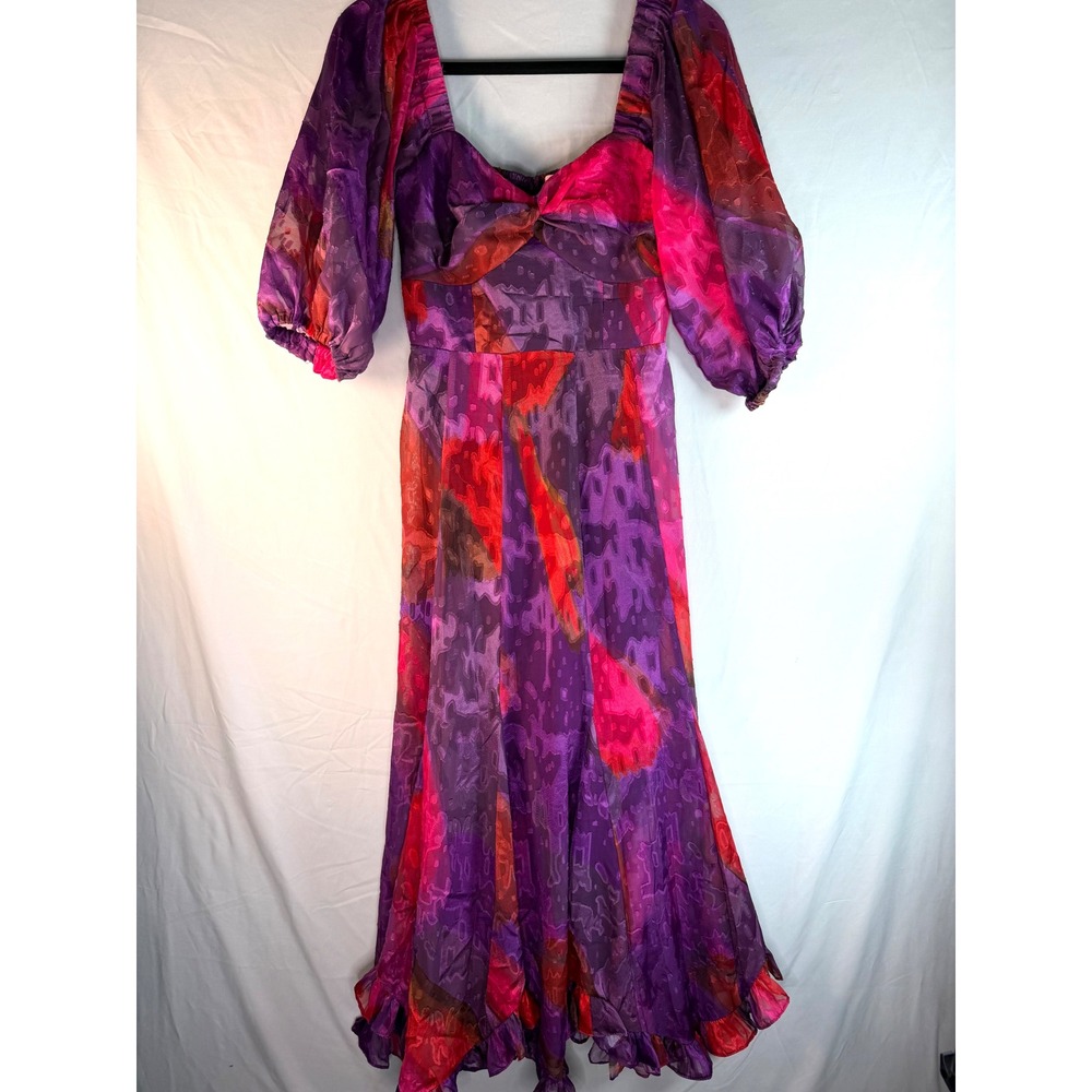Anthropologie Hutch Purple Abstract Burnout Jacquard Puff Sleeve Midi Dress Sz 2